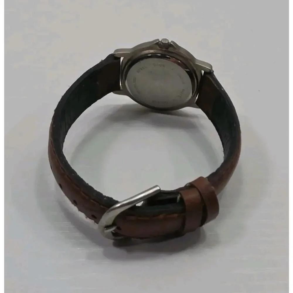 Time Military Dial Silver Tone Quartz Brown Leather Band Watch New Battery W279